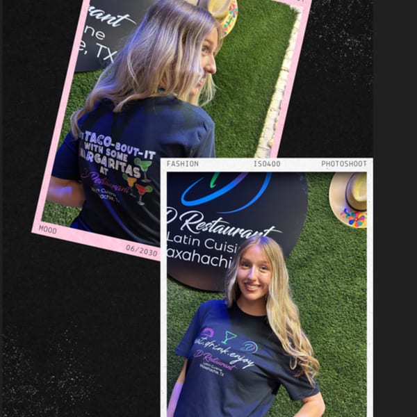 Two photos of a blonde woman in D Restaurant Latin Cuisine t-shirts against a green turf background.