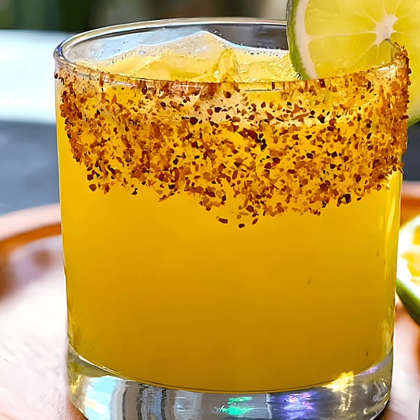 Close-up of a vibrant yellow Latin-American drink with a chili-lime rim and a fresh lime wedge.